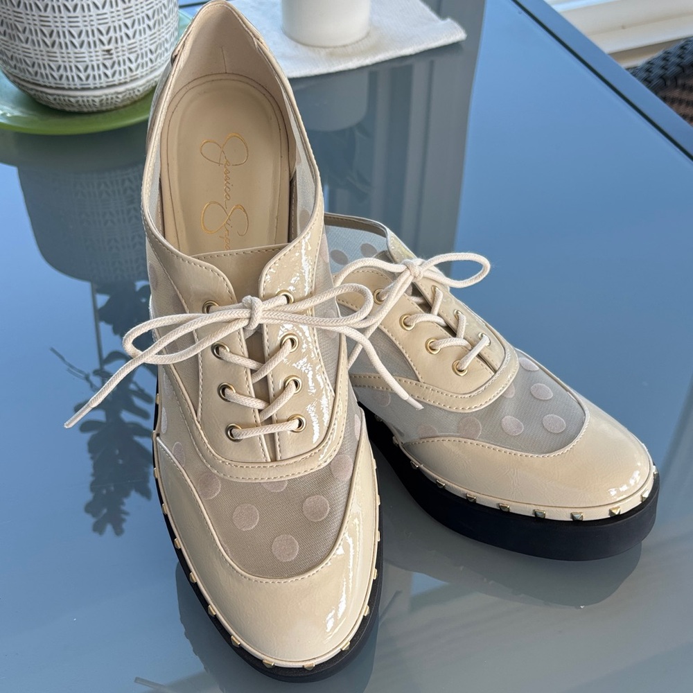 New!! Jessica Simpson Chryse Polka Dot Patent Trim Mesh Platform Oxfords